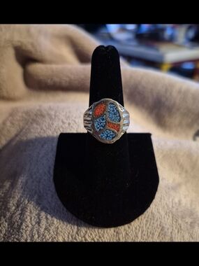 Silver-Tone Mosaic Inlay Ring with Blue & Orange Accents